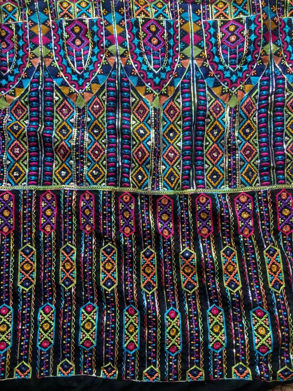 MULTICOLOURED THREAD EMBROIDERY BOHEMIAN PATTERN ON BLACK GEORGETTE FABRIC
