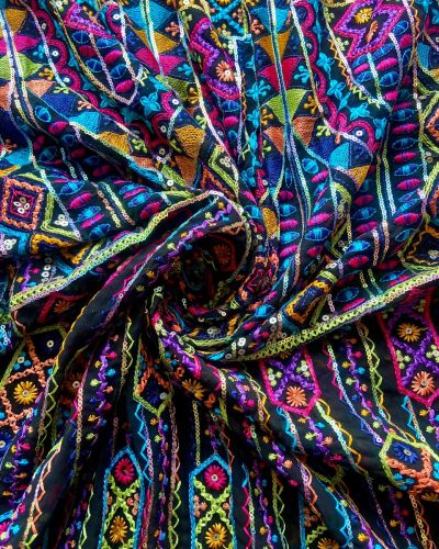 MULTICOLOURED THREAD EMBROIDERY BOHEMIAN PATTERN ON BLACK GEORGETTE FABRIC