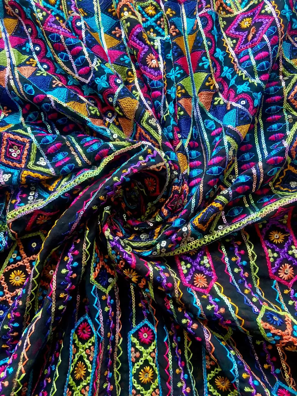 MULTICOLOURED THREAD EMBROIDERY BOHEMIAN PATTERN ON BLACK GEORGETTE FABRIC
