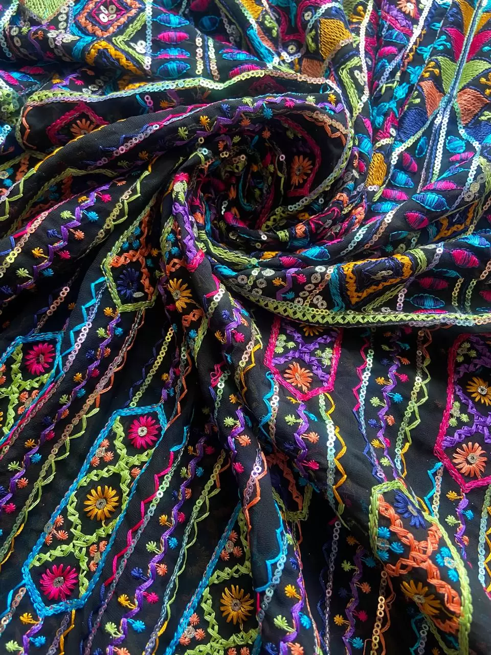 MULTICOLOURED THREAD EMBROIDERY BOHEMIAN PATTERN ON BLACK GEORGETTE FABRIC