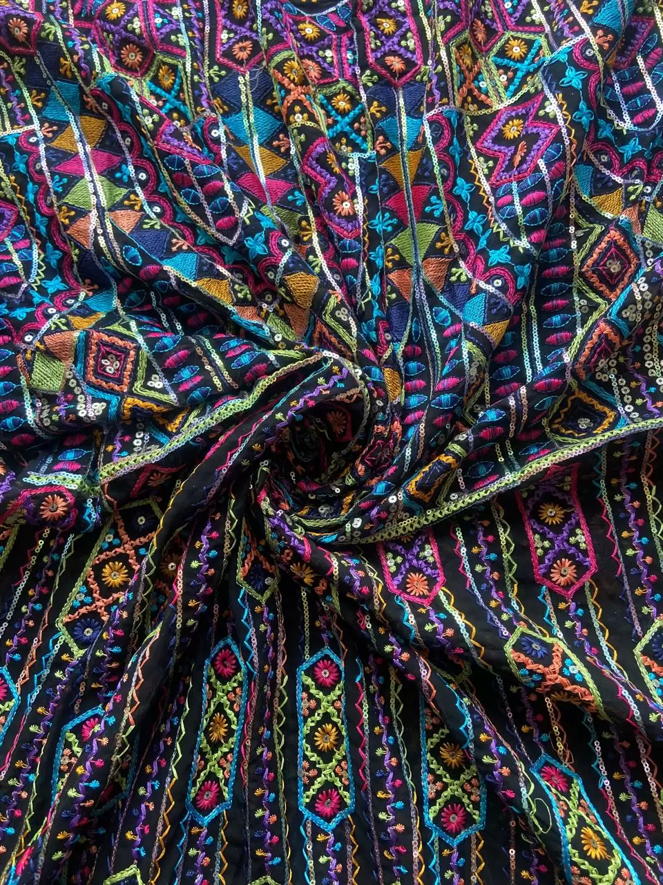MULTICOLOURED THREAD EMBROIDERY BOHEMIAN PATTERN ON BLACK GEORGETTE FABRIC