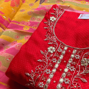 Zardosi work on neckline with printed organza dupatta suit piece