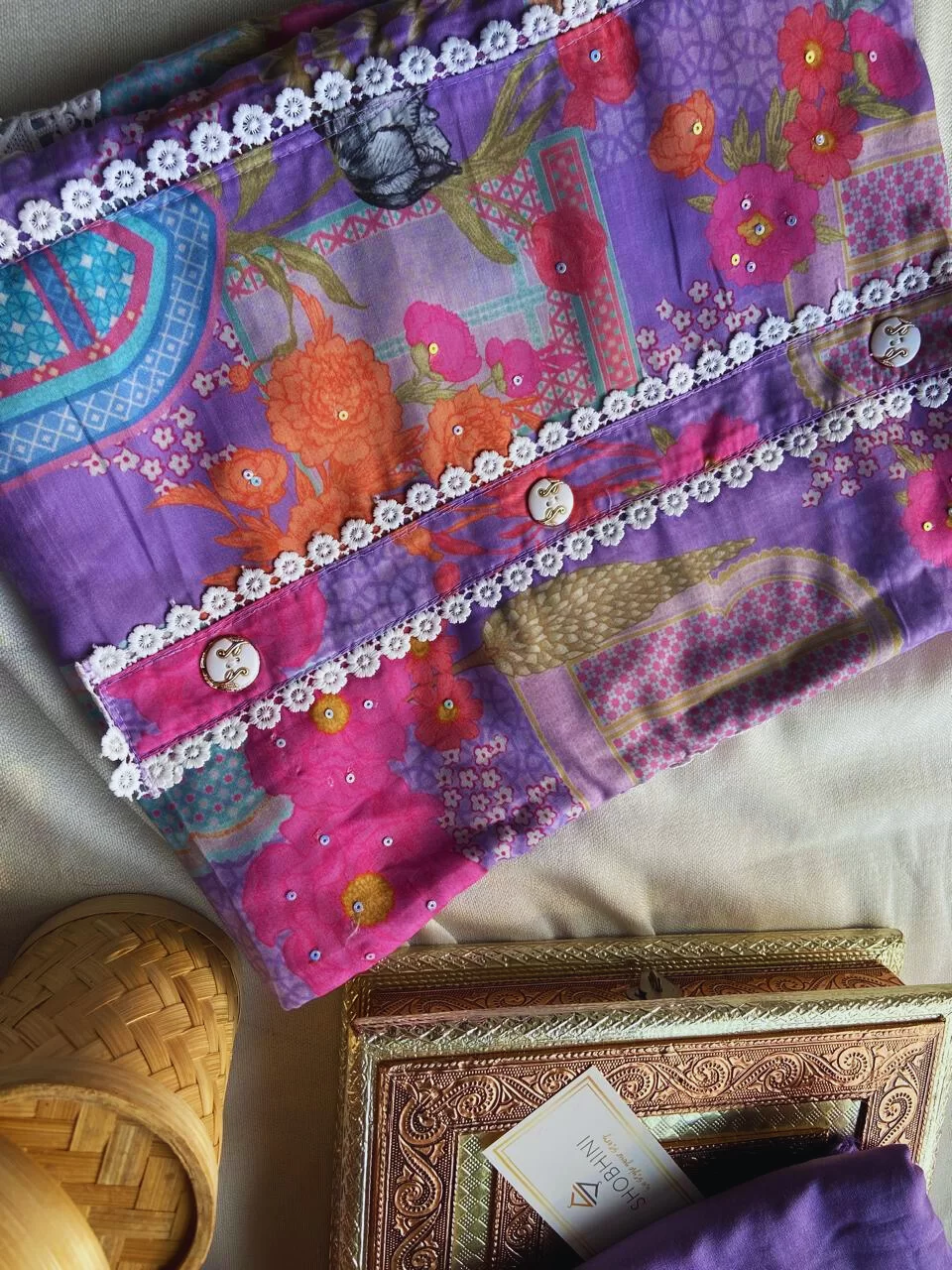 Floral print satin suit piece with floral lace along with dupatta