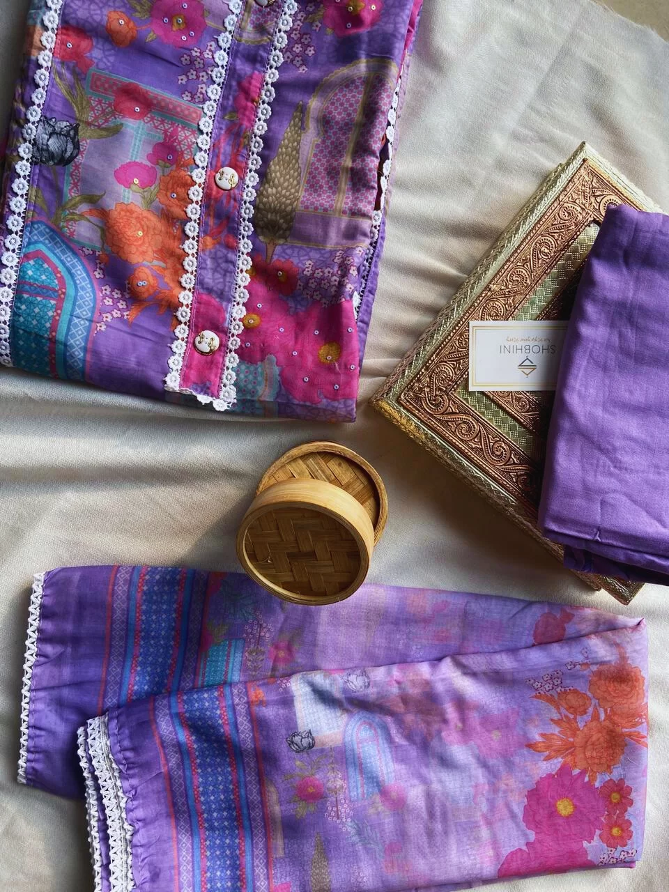 Floral print satin suit piece with floral lace along with dupatta