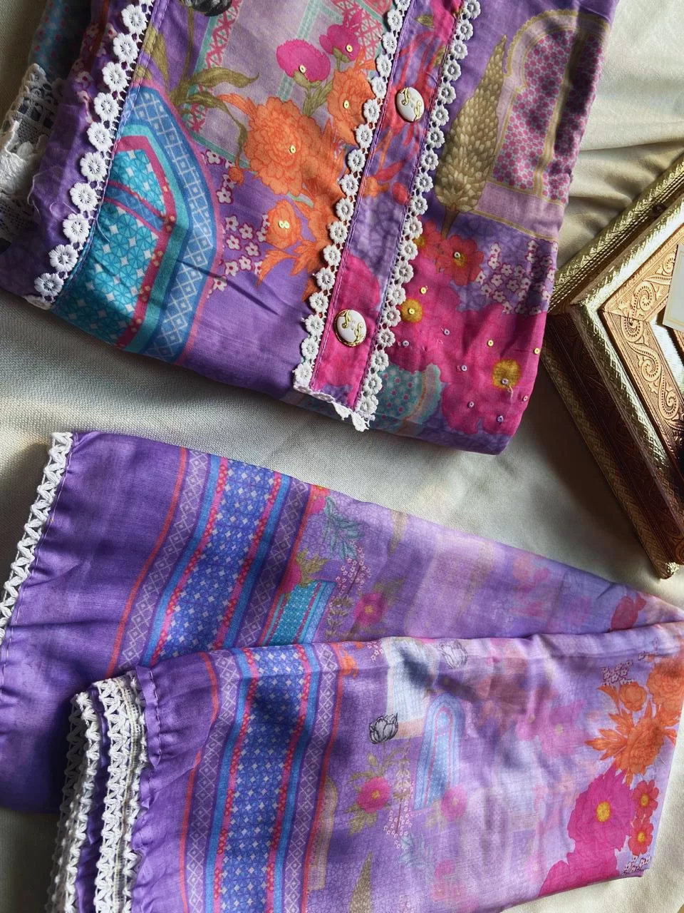 Floral print satin suit piece with floral lace along with dupatta