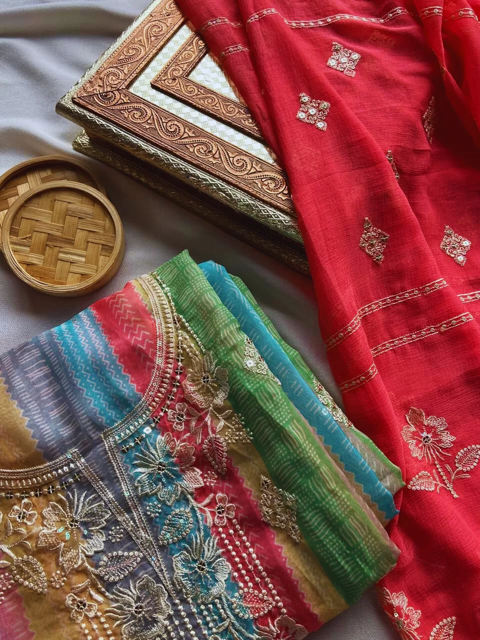 Chiffon multicolour strips pattern with thread work and pink chiffon dupatta