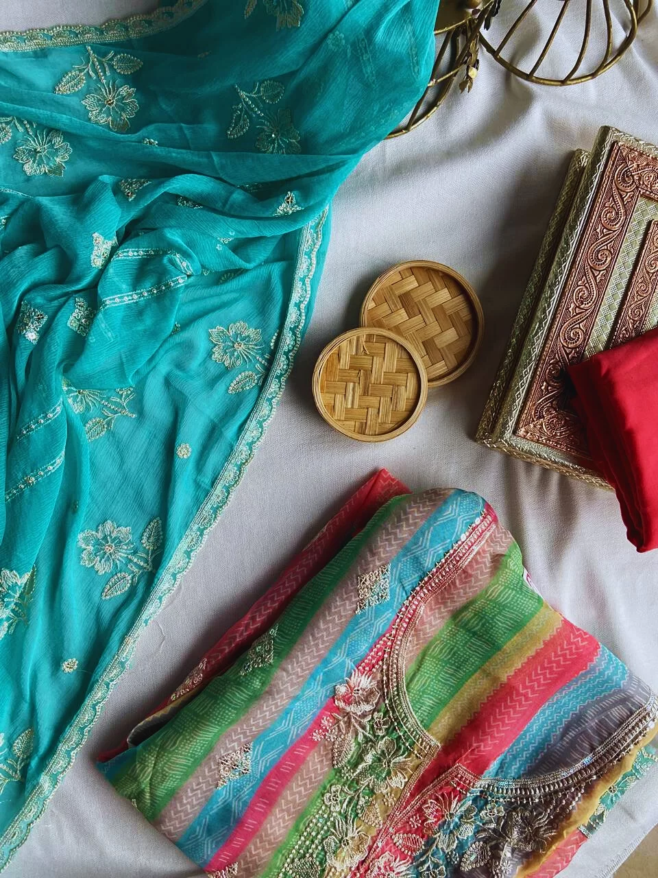 Chiffon multicolour strips pattern with thread work and pink chiffon dupatta