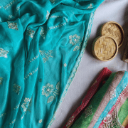 Chiffon multicolour strips pattern with thread work and pink chiffon dupatta