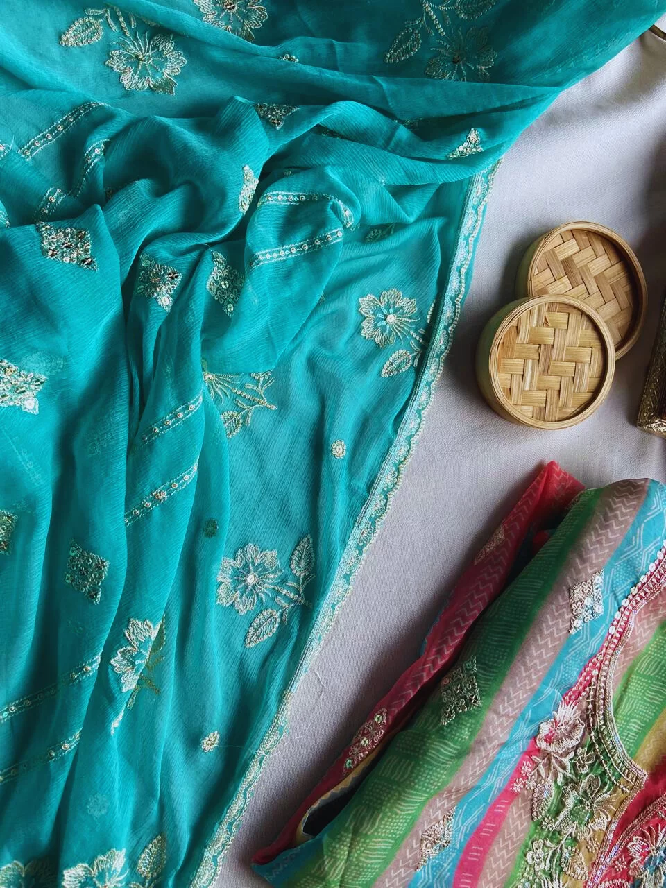 Chiffon multicolour strips pattern with thread work and pink chiffon dupatta