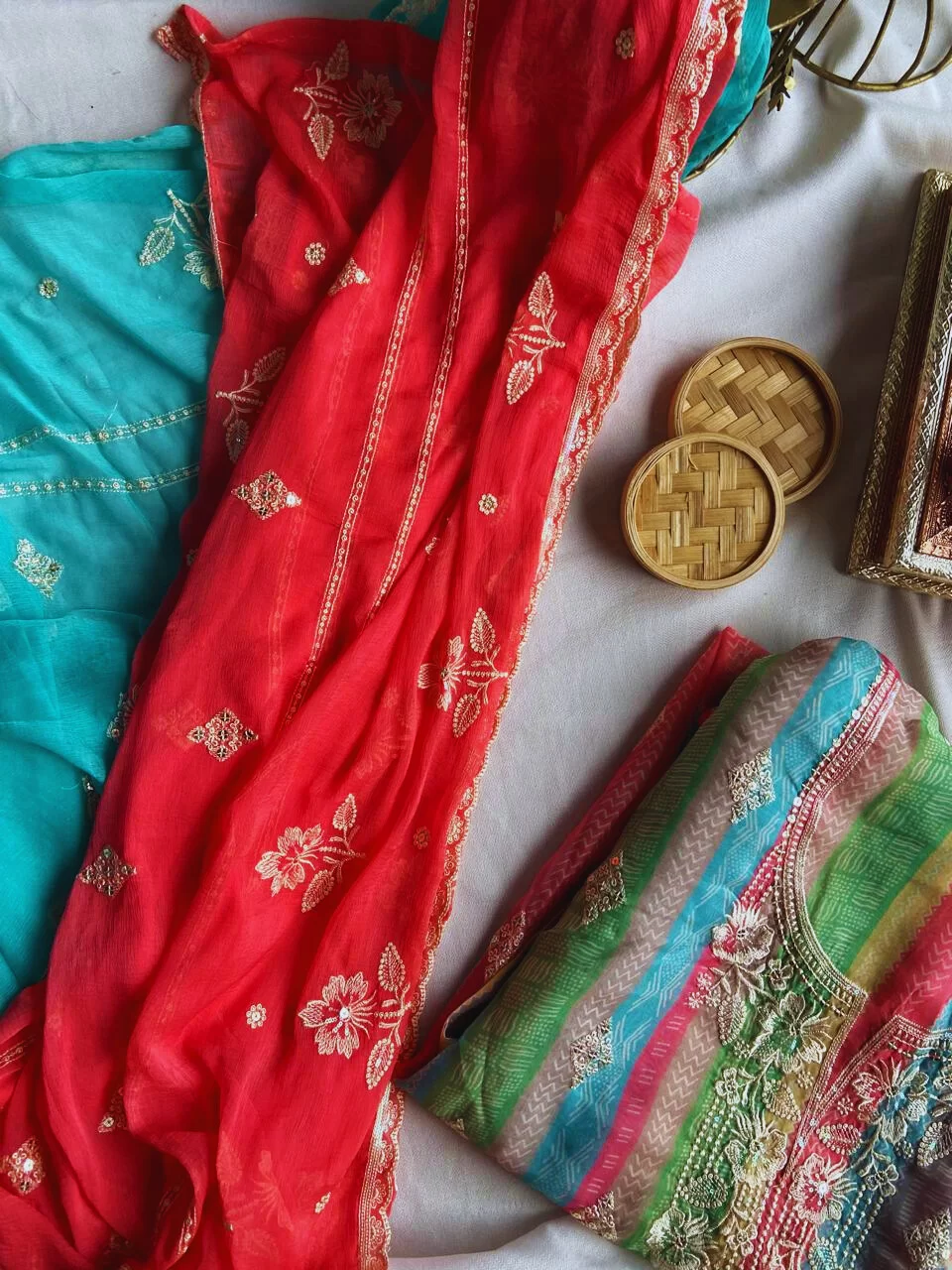 Chiffon multicolour strips pattern with thread work and pink chiffon dupatta