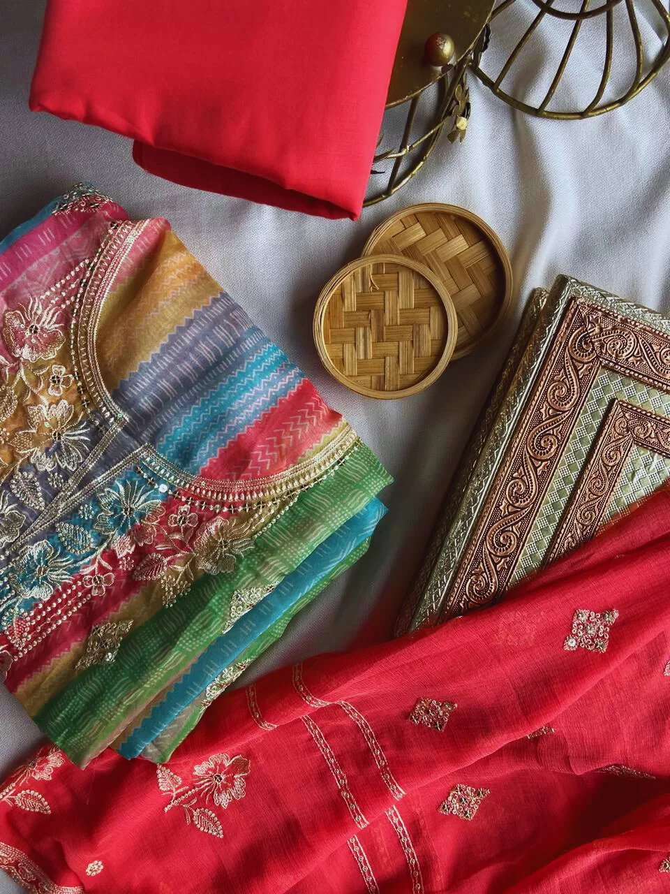 Chiffon multicolour strips pattern with thread work and pink chiffon dupatta