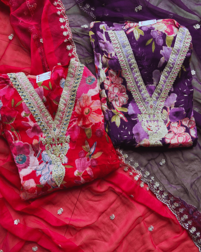 Floral print chinon suit piece with heavy work neckline along with dupatta