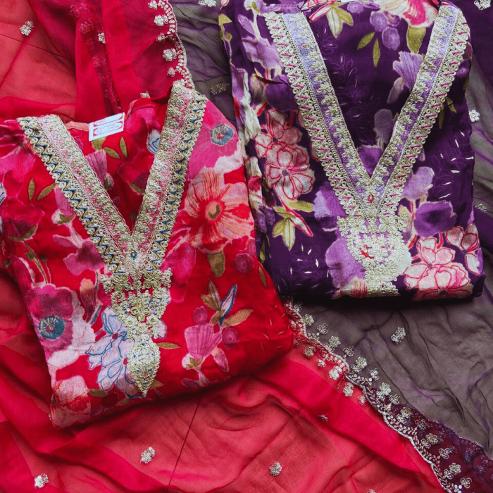 Floral print chinon suit piece with heavy work neckline along with dupatta