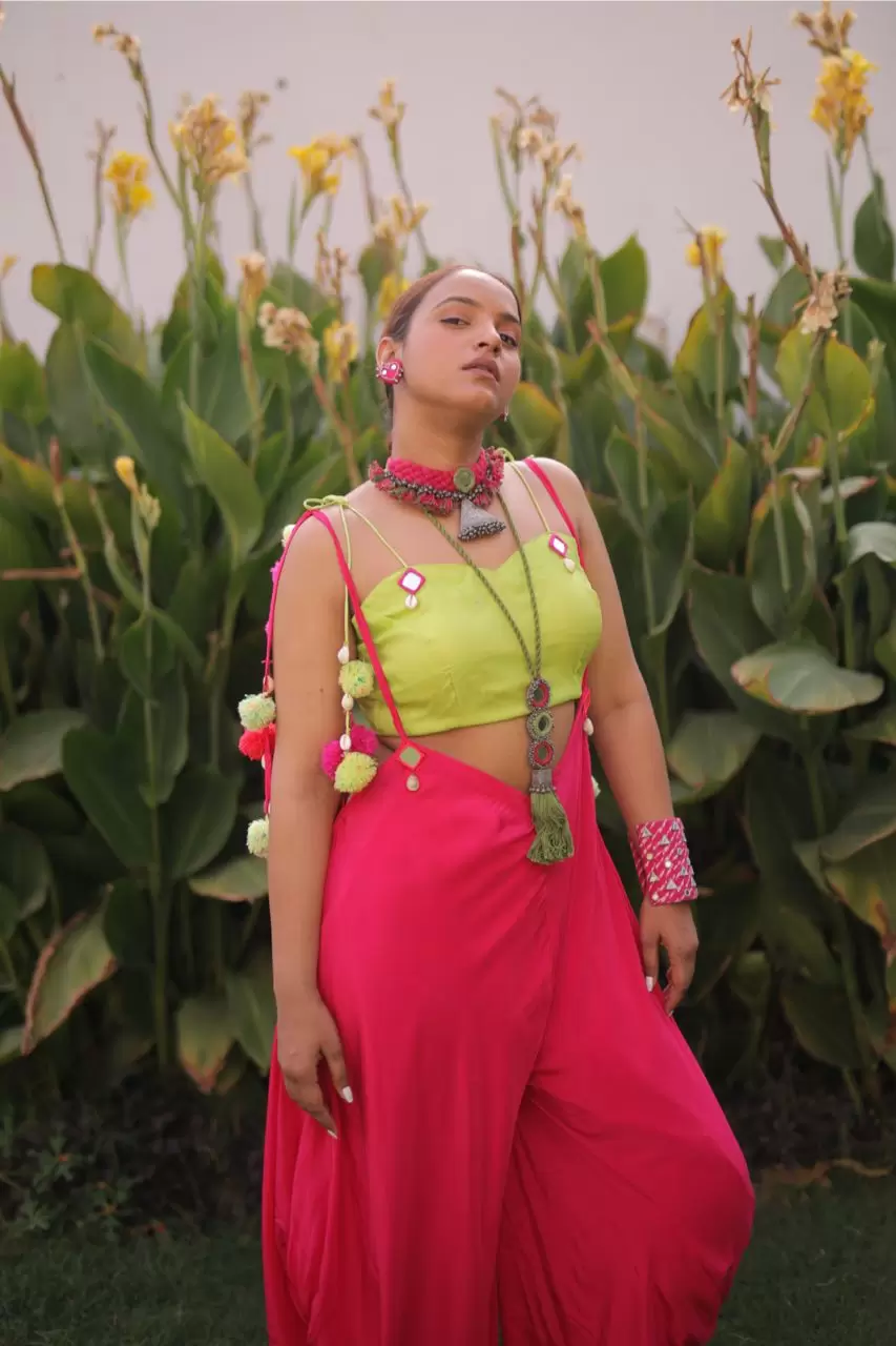 Pure Crepe Chinon Pink Jumpsuit & Pure Organza Blouse With Shells & Pom Pom Balls On Strap