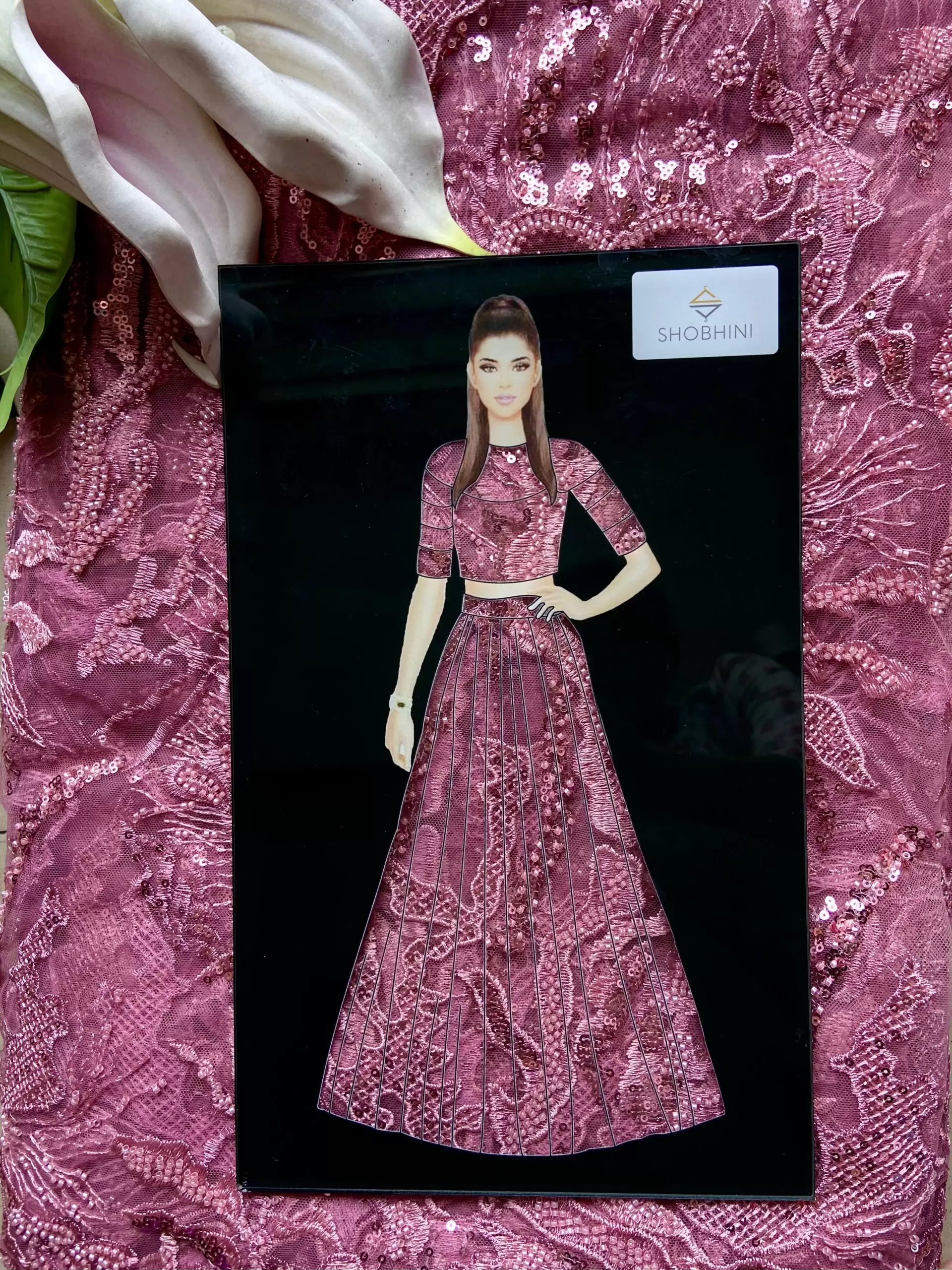 Hand embroidery cut dana work & shimmering sequins pink net fabric