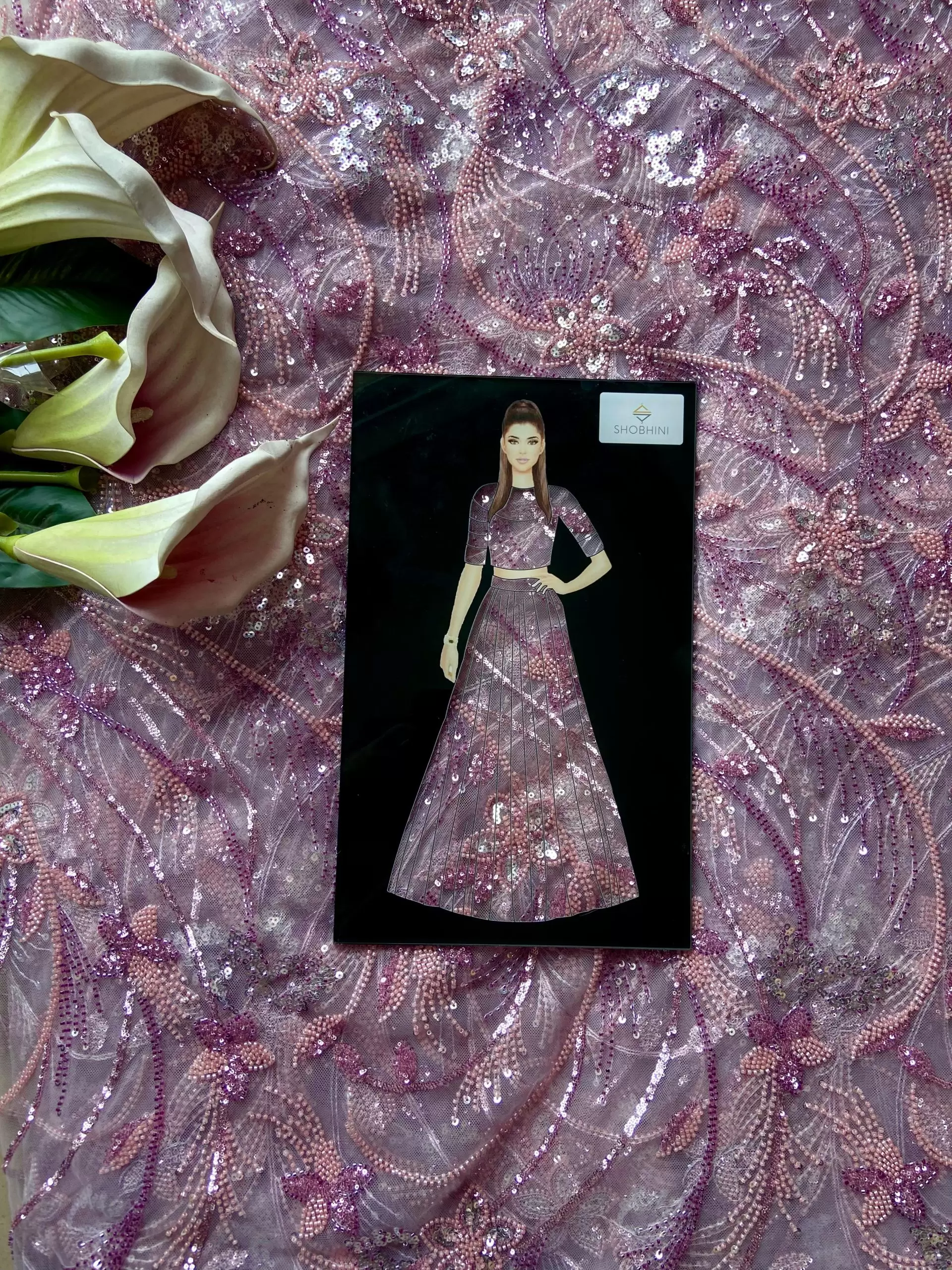 Hand embroidery cut dana work & shimmering sequins dusty pink net fabric