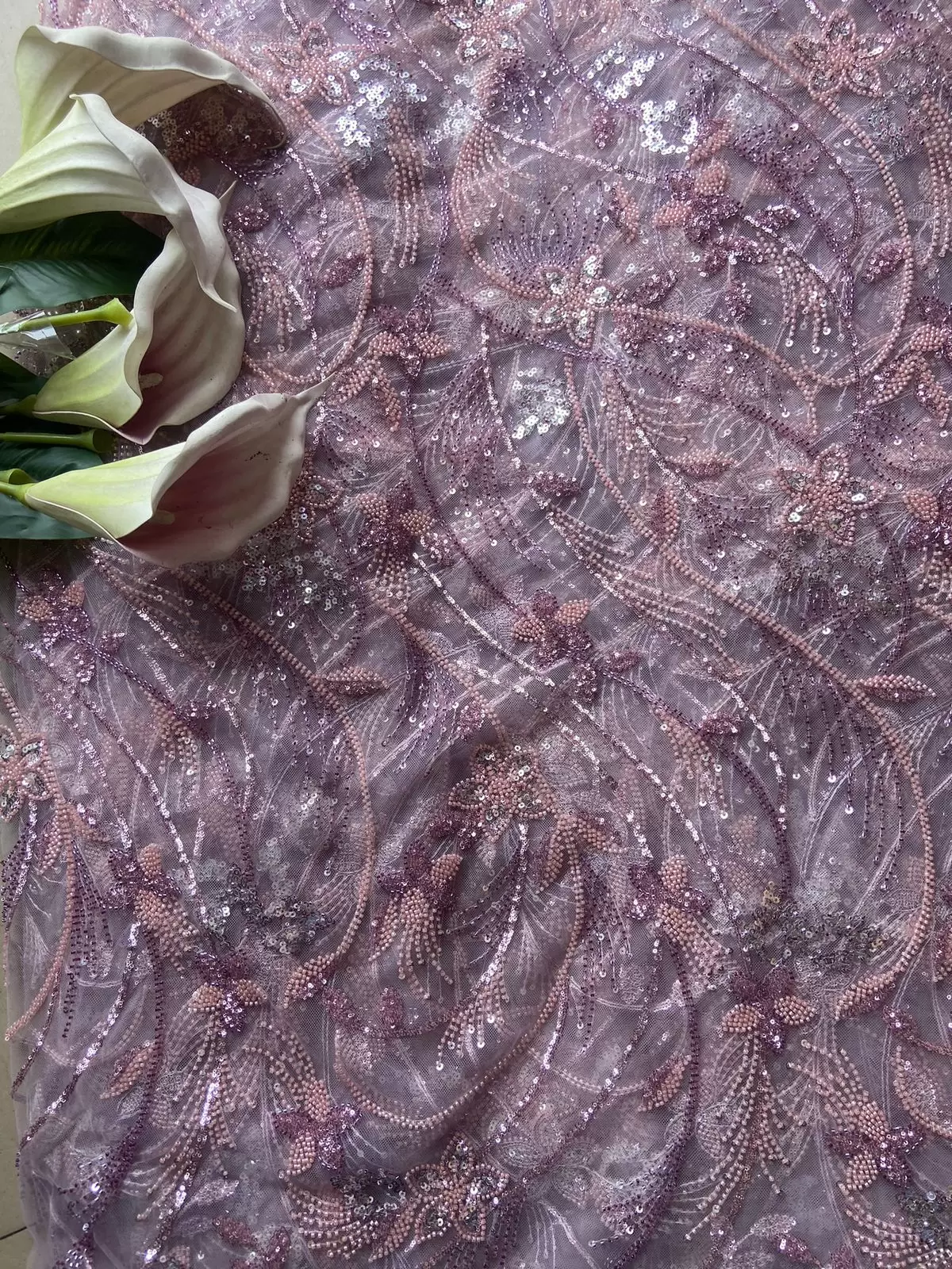 Hand embroidery cut dana work & shimmering sequins dusty pink net fabric