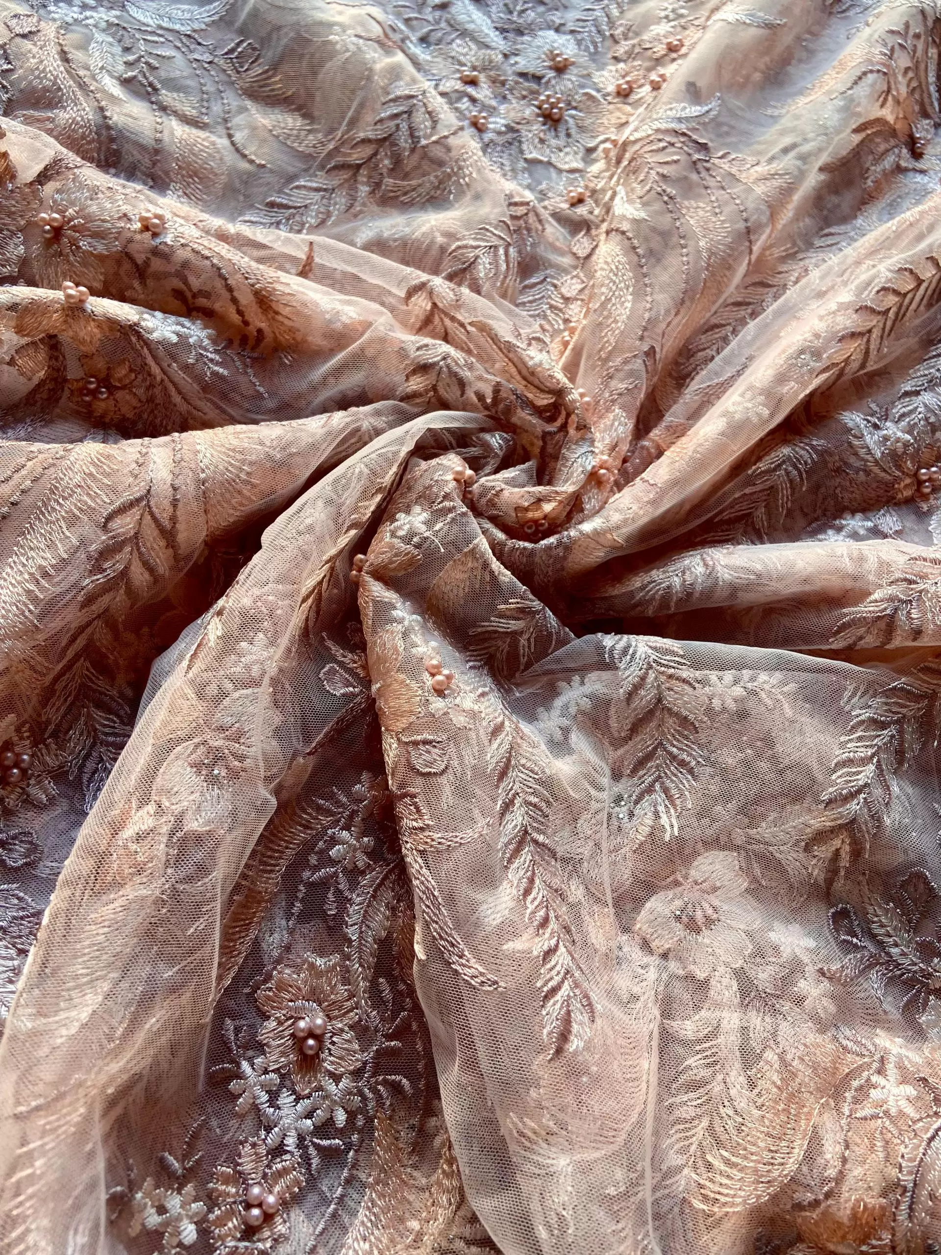 All over sequin & thread work embroidery on peach net fabric