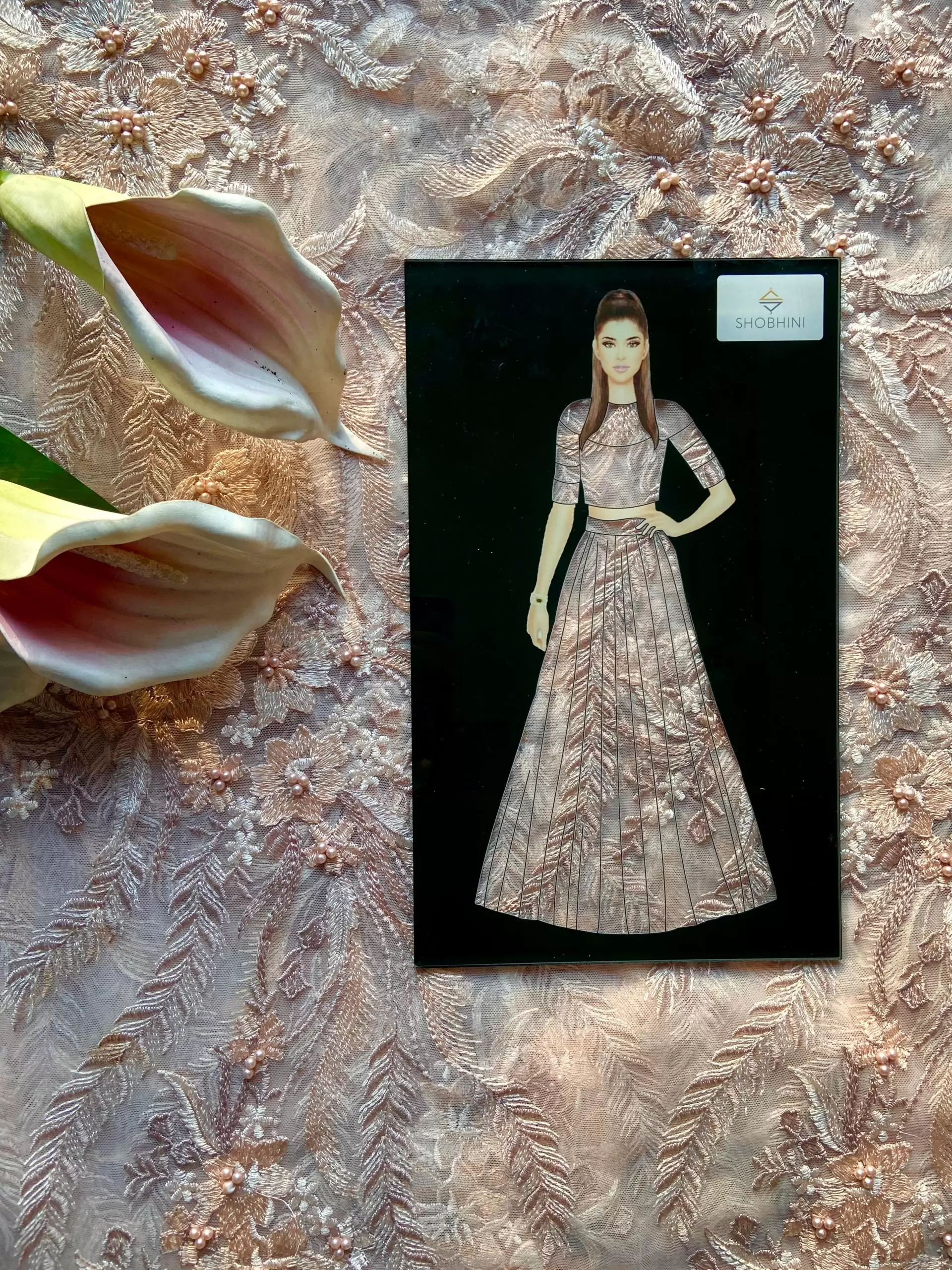 All over sequin & thread work embroidery on peach net fabric