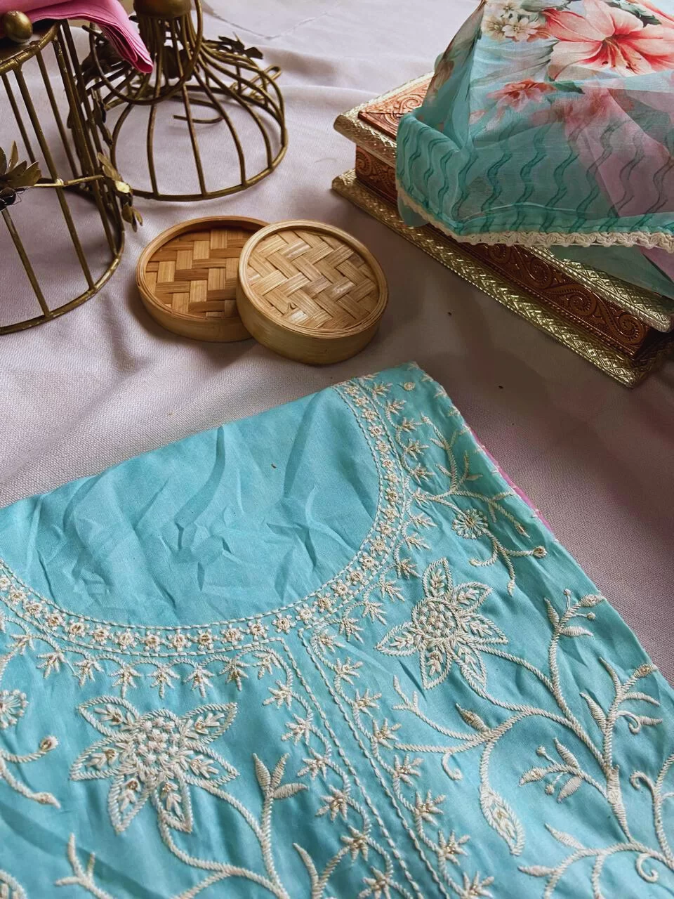 Muslin shaded thread work on neckline suit piece with floral print dupatta