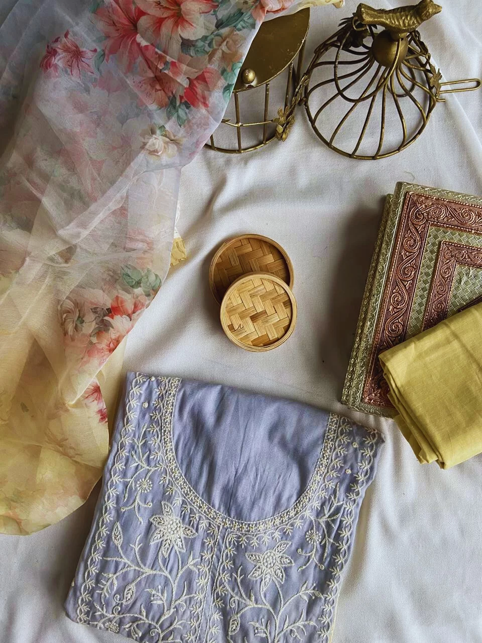 Muslin shaded thread work on neckline suit piece with floral print dupatta