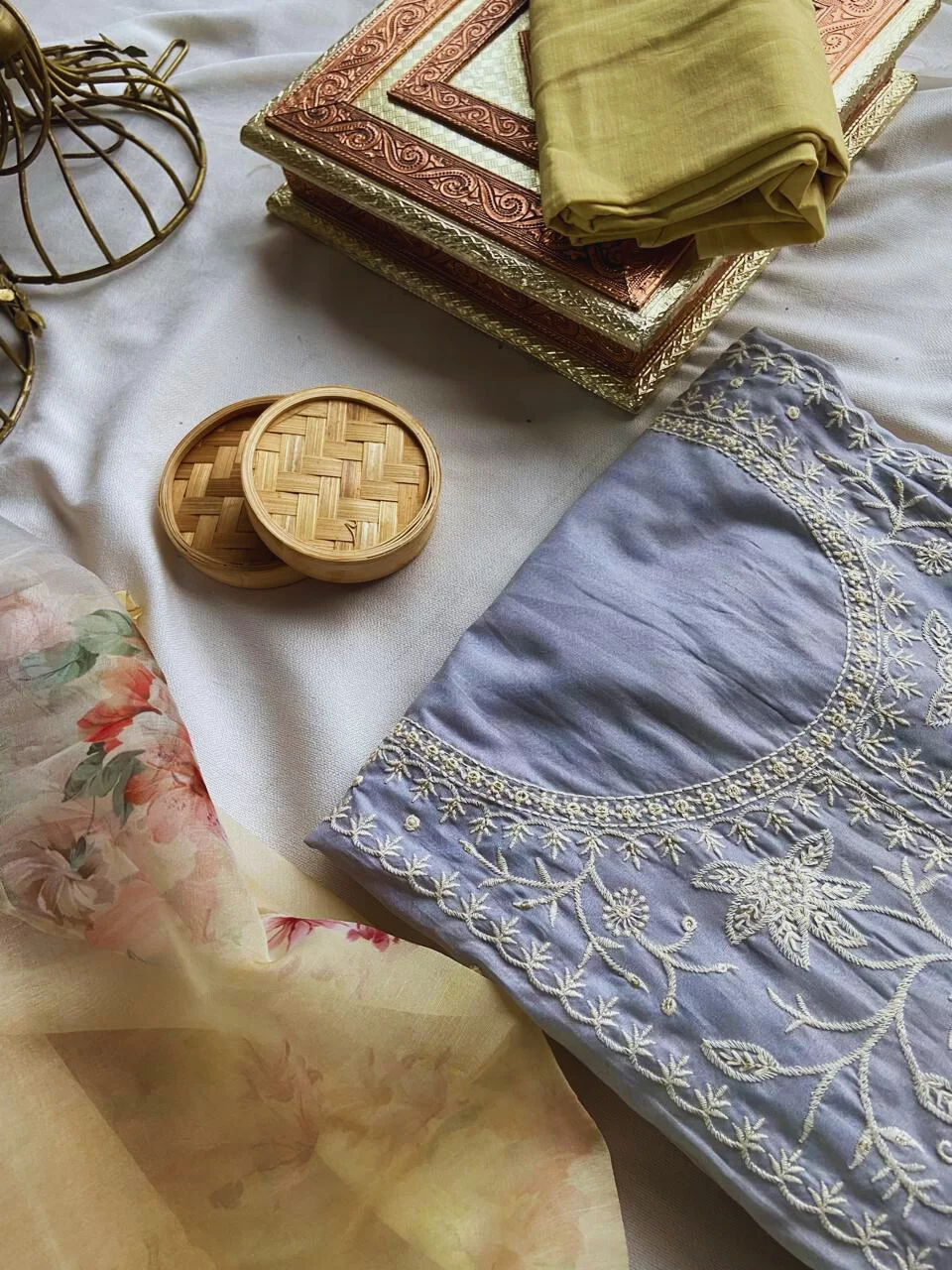 Muslin shaded thread work on neckline suit piece with floral print dupatta