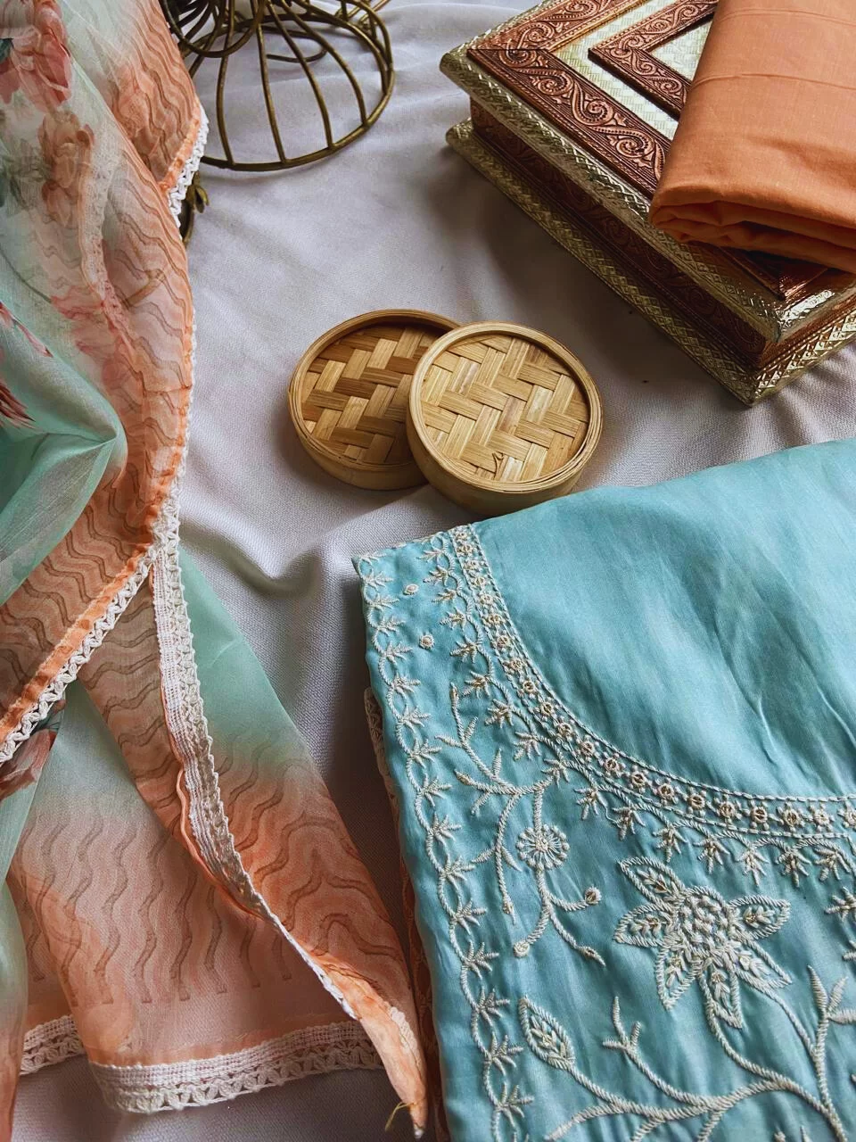 Muslin shaded thread work on neckline suit piece with floral print dupatta