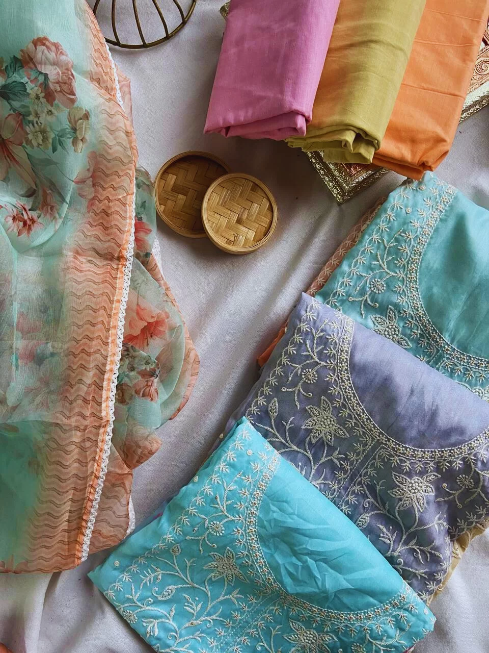 Muslin shaded thread work on neckline suit piece with floral print dupatta