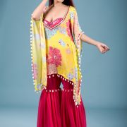 Gulab Kaftan with hand embroidered Blouse and Sharara with Shell Details