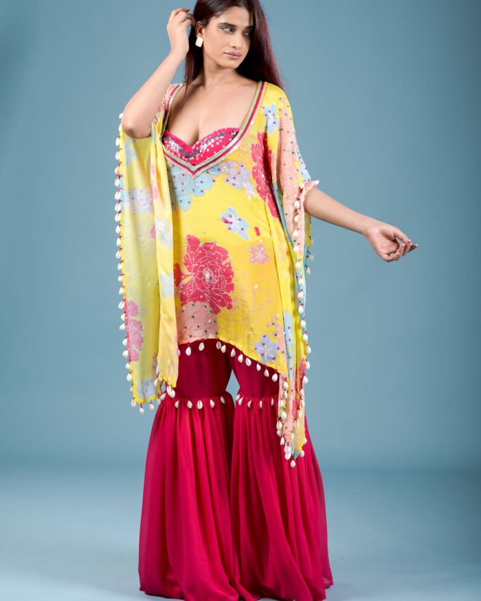 Gulab Kaftan with hand embroidered Blouse and Sharara with Shell Details