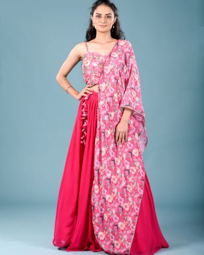 Gulnar Flared Lehenga and Blouse set with Shrug style Dupatta and Tassel Detailings.