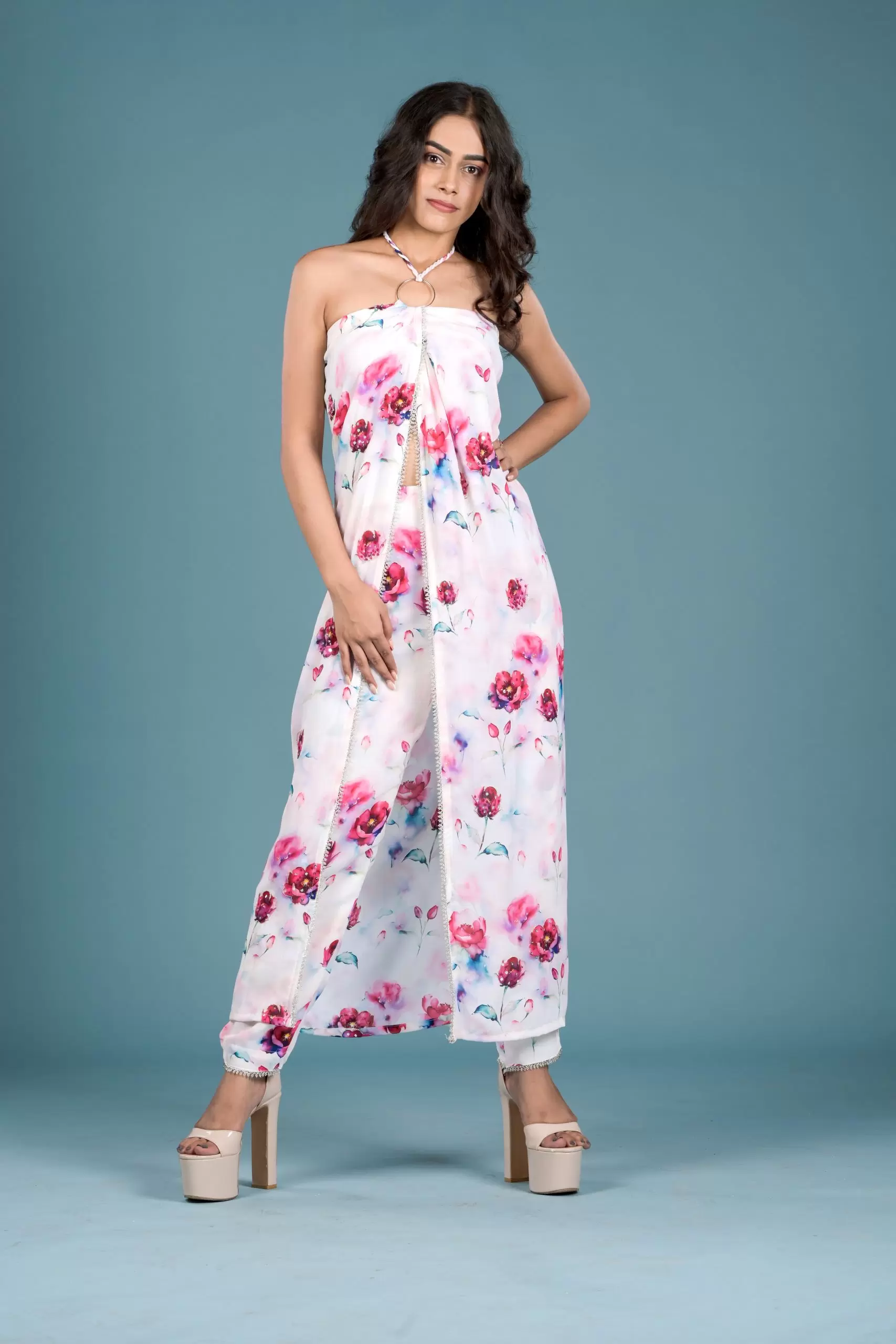 Chandani Wrap Style Co-ord set with Hand Embroidery and Ring and Tassel Detaillings