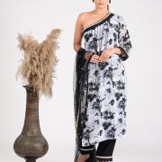 Noor One Shoulder Kurta with Thread Tassels Detailling and Pants set with Net Dupatta