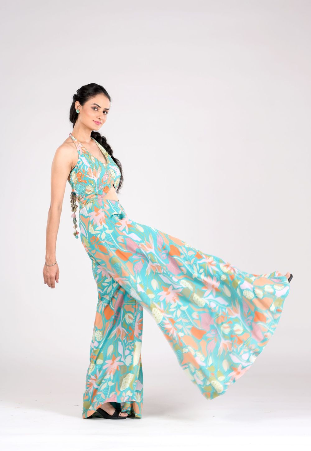 Fiza Flared Jumpsuit with Hand Embroidery and Cut Out Detailings