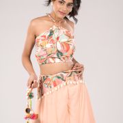 Rangrez Hand embroidered Crop Top and Kali Pallazo with ring and Shell Detailing Paired with Dupatta.