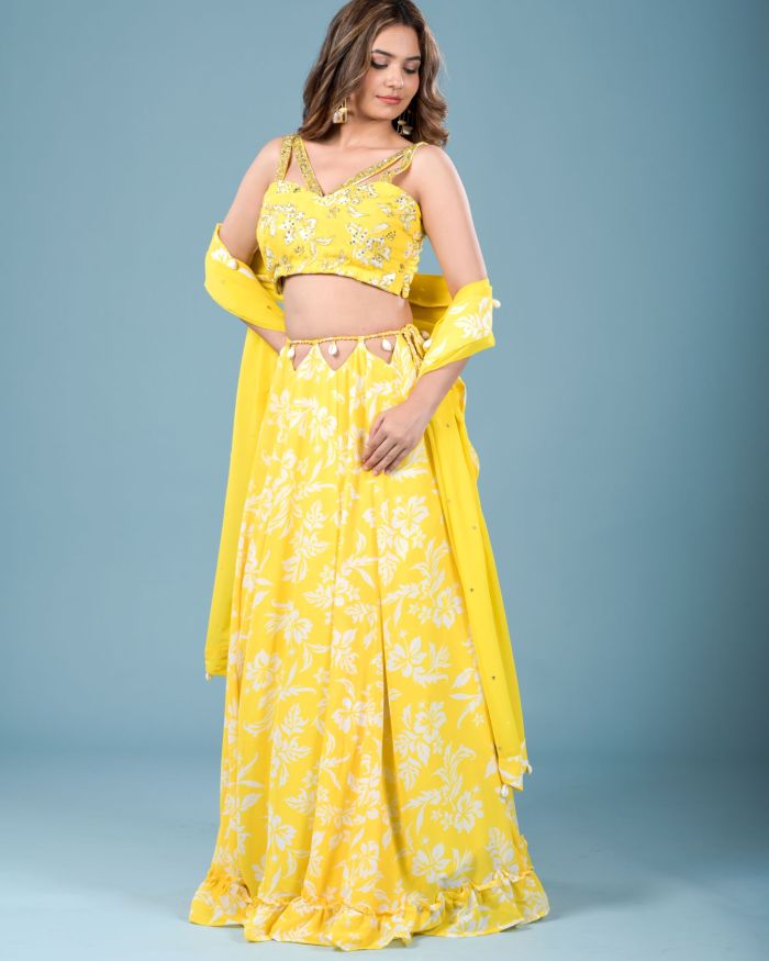 Sunheri Flared Lehenga set and Dupatta with Cut out and shell detailings