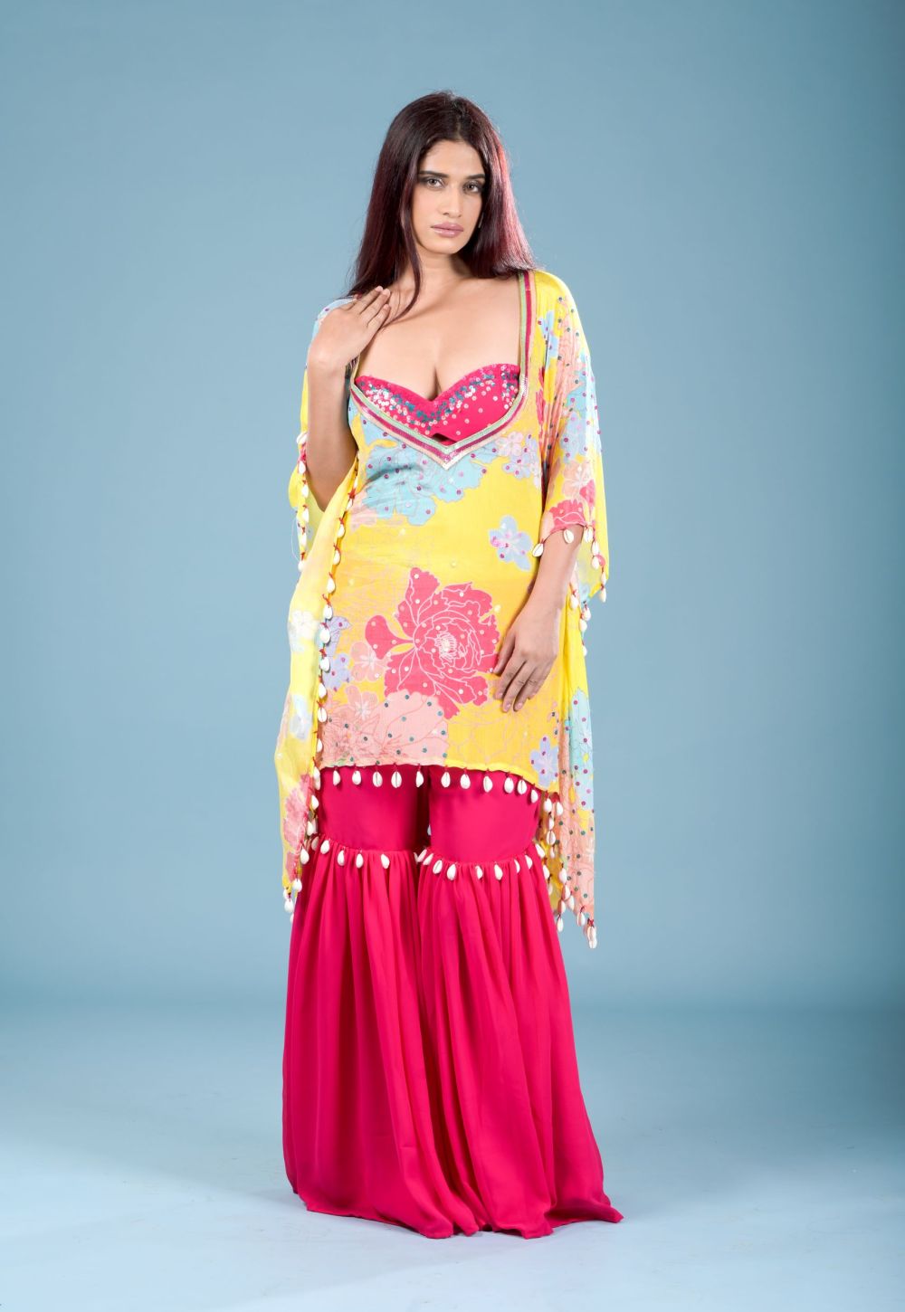 Gulab Kaftan with hand embroidered Blouse and Sharara with Shell Details
