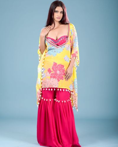 Gulab Kaftan with hand embroidered Blouse and Sharara with Shell Details