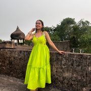 Neon Green Kanmani Dress With Mirror And Shells Details