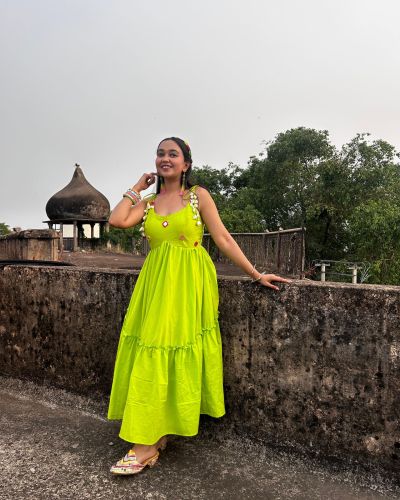 Neon Green Kanmani Dress With Mirror And Shells Details