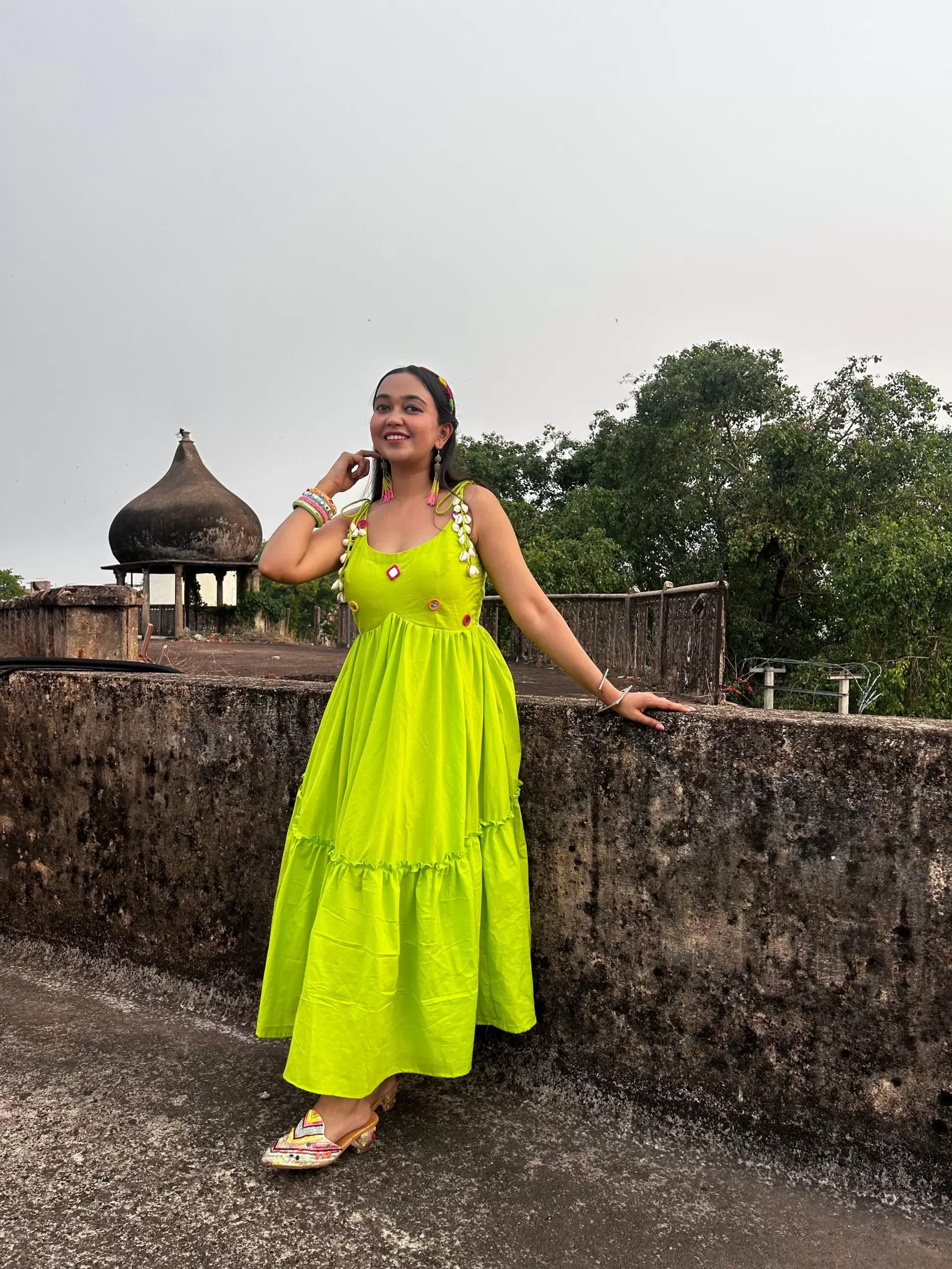Neon Green Kanmani Dress With Mirror And Shells Details - Shobhini