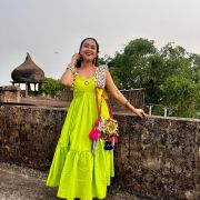 Neon Green Kanmani Dress With Mirror And Shells Details