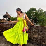 Neon Green Kanmani Dress With Mirror And Shells Details