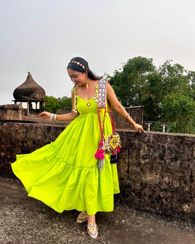 Neon Green Kanmani Dress With Mirror And Shells Details