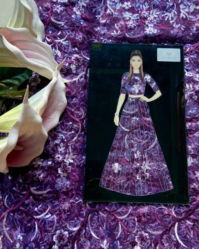 All over sequin & thread work embroidery on purple net fabric