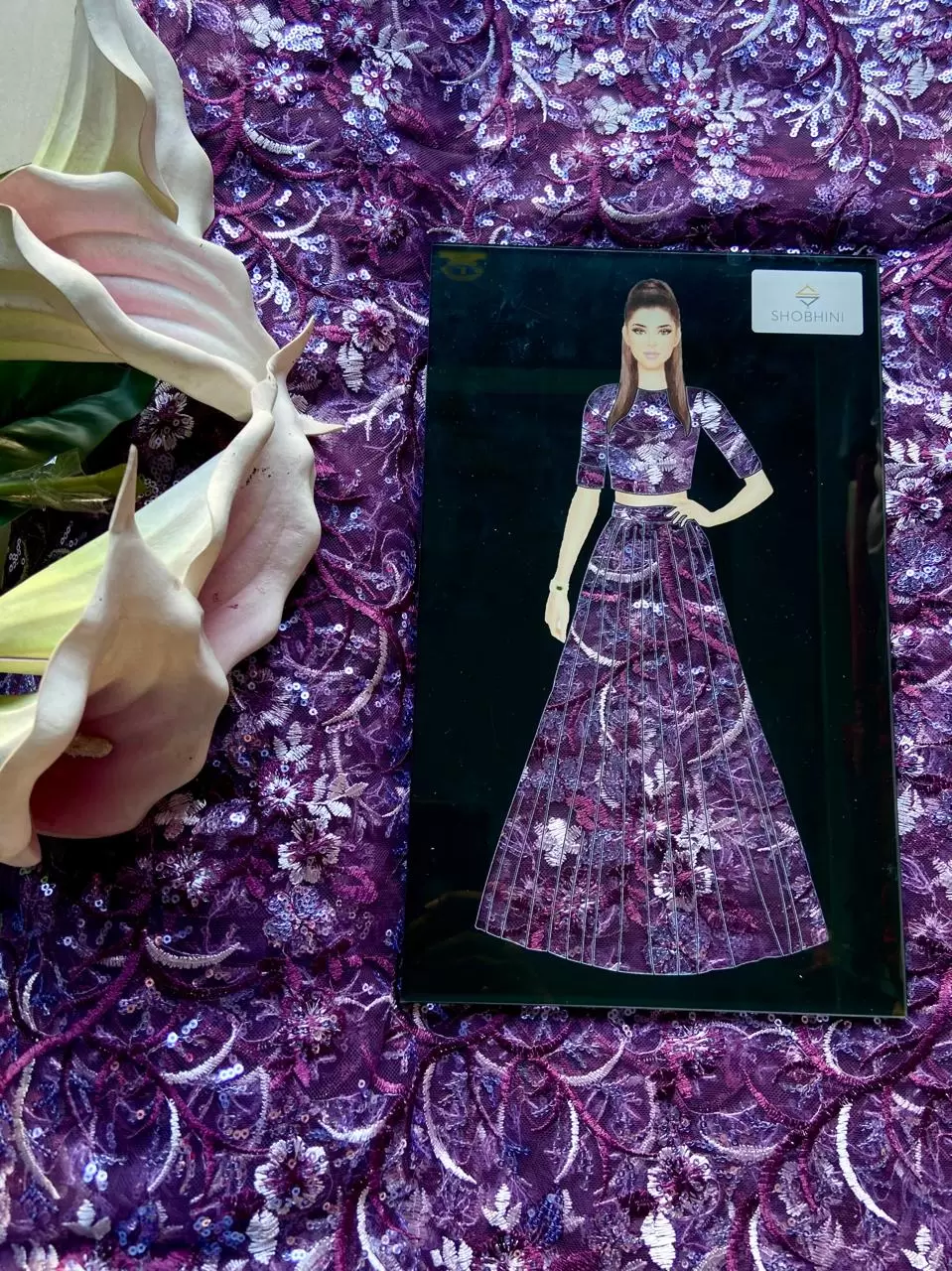 All over sequin & thread work embroidery on purple net fabric