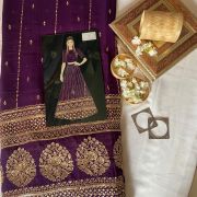 Gold Sequin Embroidery With Heavy Border On Dark Purple Georgette Fabric