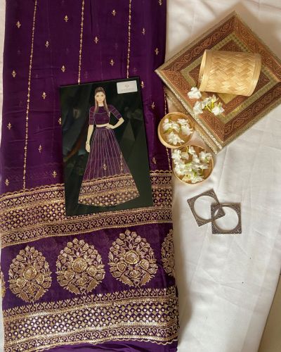 Gold Sequin Embroidery With Heavy Border On Dark Purple Georgette Fabric