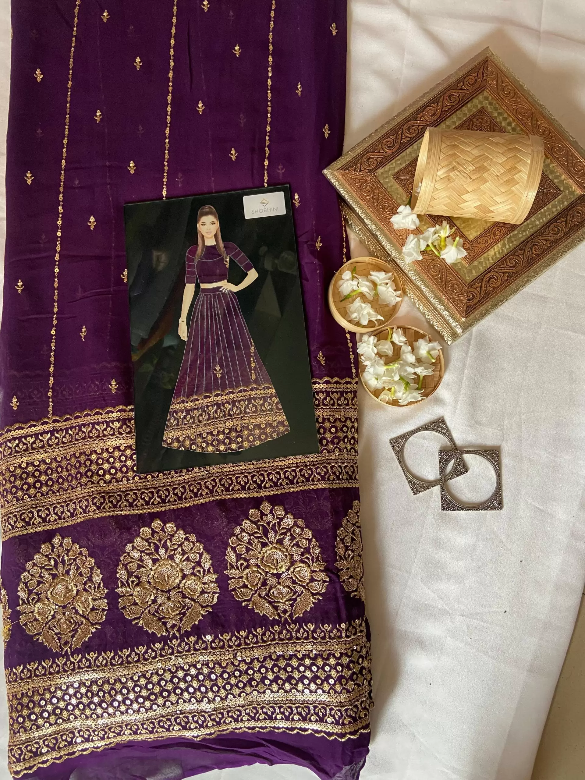 Gold Sequin Embroidery With Heavy Border On Dark Purple Georgette Fabric