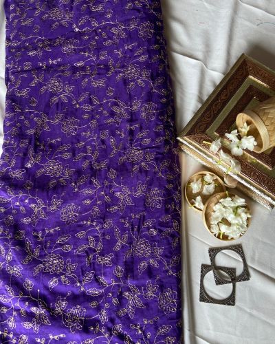 Royal Purple Pure Organza silk with floral jaal work zari embroidery